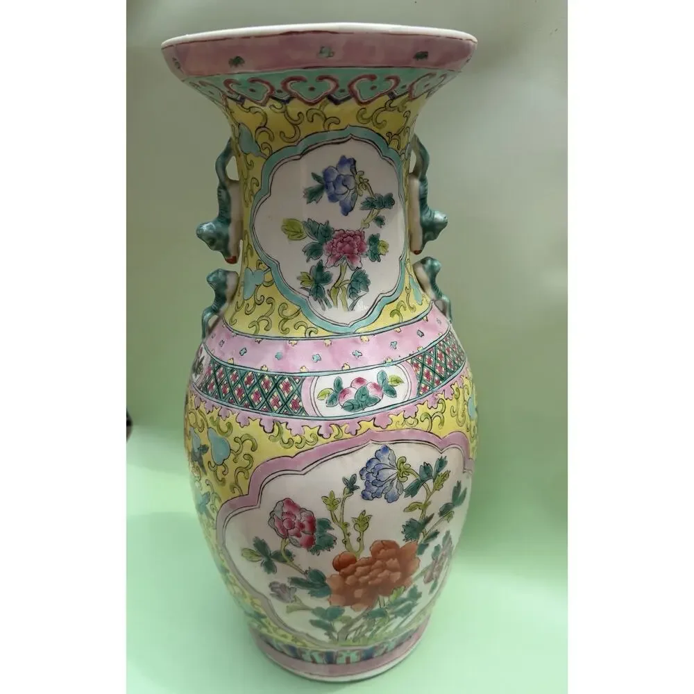 Antique Chinese Famille Rose Vase, 19th C. Large Yellow Porcelain Vase 17.5”